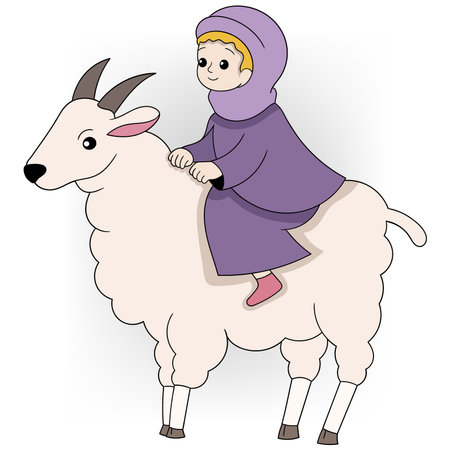 illustration of Muslims celebrating Eid al-Adha, Muslim boy riding a goatのイラスト素材