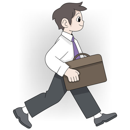 illustration of time-disciplined worker activities, a male worker is walking with a briefcase to the officeのイラスト素材