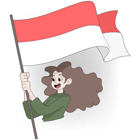 Cartoon of a joyful woman waving the Indonesian flag. Ideal for Independence Day and patriotic-themed illustrations.のイラスト素材