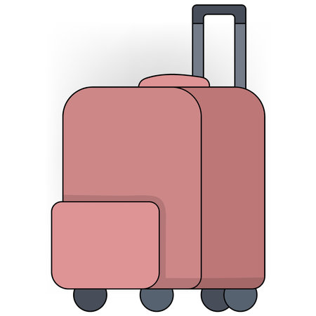 Cartoon icon of a pink suitcase with wheels and a handle. Perfect for travel and luggage-themed designs.のイラスト素材