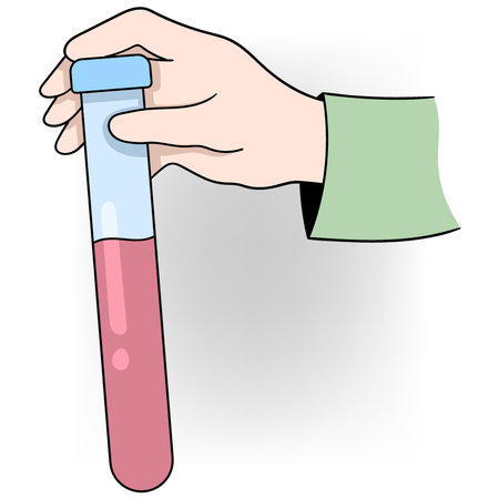 A hand holding a test tube filled with a red liquid, representing a chemistry lesson or scientific experiment.のイラスト素材