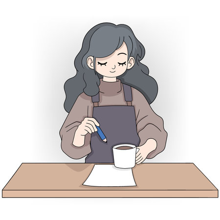 This image features a cartoon character with dark hair, taking a work break to enjoy a cup of coffee.のイラスト素材