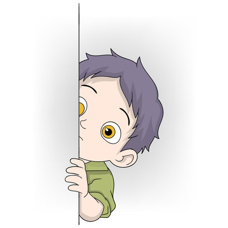 This image depicts a cartoon child with purple hair peeking around a corner, participating in a game of hide and seek.のイラスト素材