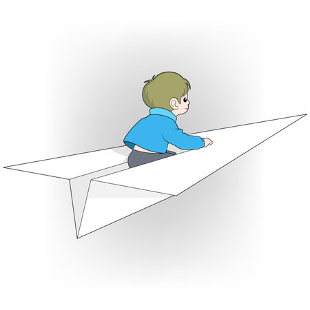 A cartoon boy with light brown hair is depicted riding a large paper airplane.のイラスト素材