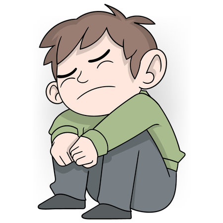 This emotional illustration depicts a sad boy sitting with his knees drawn up, eyes closed, and a distressed expression on his face.のイラスト素材