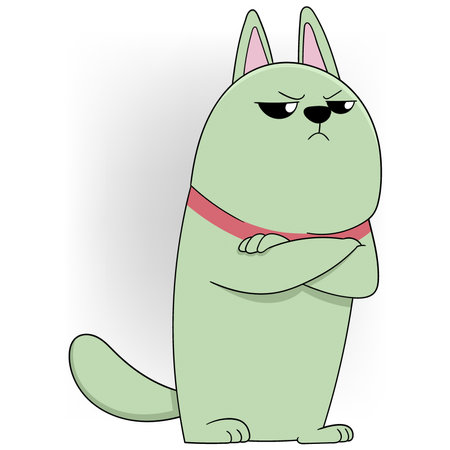 Cartoon of a green dog with a grumpy expression and crossed arms. Perfect for humorous and expressive-themed designs.のイラスト素材