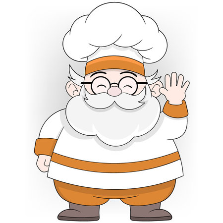 An illustration of a cheerful elderly chef with a white beard and glasses, wearing a white chef's outfit with orange accents.のイラスト素材