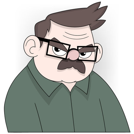 An illustration of a stern-looking father with glasses and a mustache, wearing a green shirt.のイラスト素材
