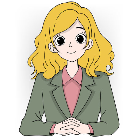 An illustration of a poised female news anchor with blonde hair, wearing a green blazer and pink shirt.のイラスト素材