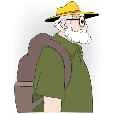 An illustrated side profile of an elderly man with a white beard and glasses, wearing a yellow hat and green shirt.のイラスト素材