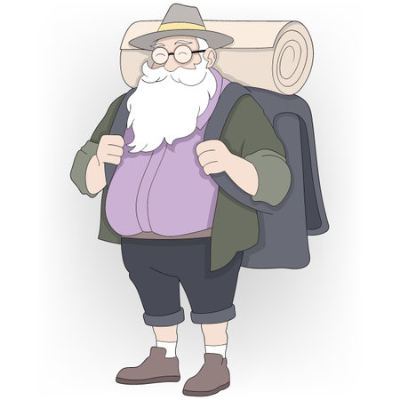 An illustration of a senior man with a long white beard and glasses, wearing a hat, purple shirt, and shorts.のイラスト素材