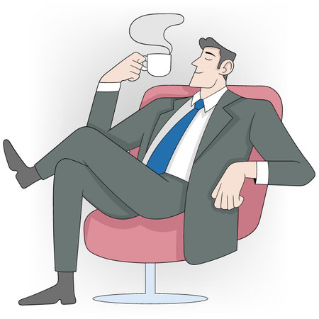 An illustration of a confident businessman in a suit, sitting back in a pink chair with his legs crossed, enjoying a cup of steaming coffee.のイラスト素材