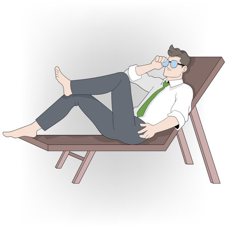 An illustration of a young man in a white shirt and green tie, reclining barefoot on a lounge chair while wearing sunglasses.のイラスト素材