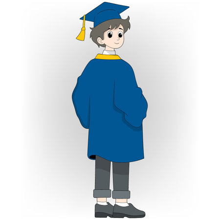 A young man in a blue graduation gown stands in front of a white background.のイラスト素材