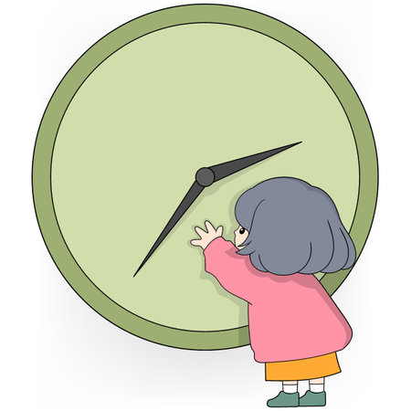 A girl is reaching for the hands of a clock. The clock is green and has a white faceのイラスト素材