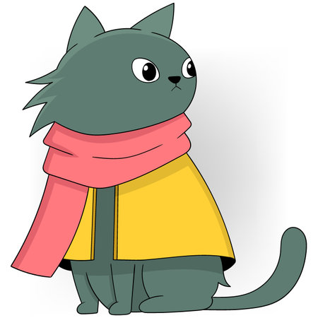 cat sitting wearing winter scarf, cartoon illustration of a well groomed petのイラスト素材
