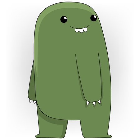 doodle cartoon illustration of cute creature, strange green monster showing innocent expressionのイラスト素材