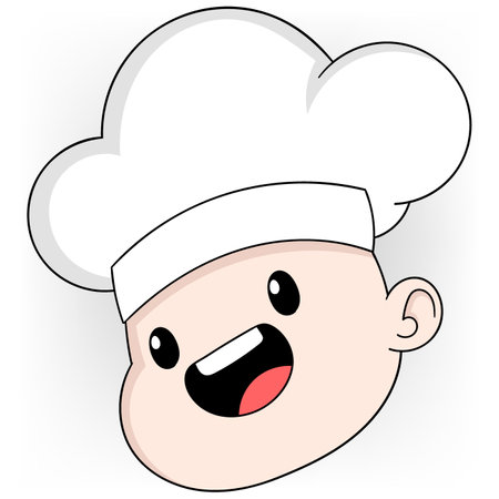 doodle cartoon illustration emblem, simple draw, chef wearing hat for cookingのイラスト素材