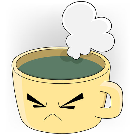 Doodle illustration of a drink, a coffee cup showing an expression of holding back the heatのイラスト素材