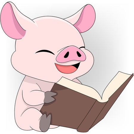 doodle illustration of animals acting funny, fat pig sitting reading a funny story book, he laughs happilyのイラスト素材