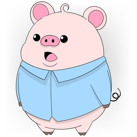 illustration of cute animal doodle image, fat pig wearing a shirt is standing showing a surprised face gapingのイラスト素材