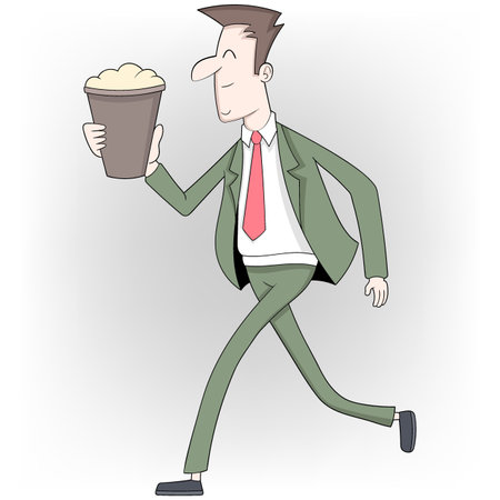 doodle cartoon illustration of successful business, boy is in a hurry walking carrying a bowl of delicious popcorn for a relaxing dayのイラスト素材