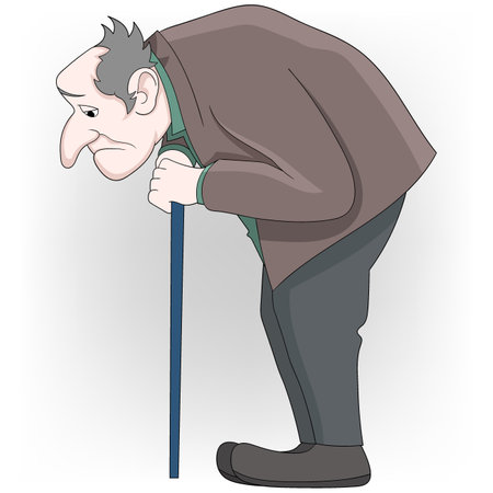 doodle cartoon illustration about health decline in old age, old people experiencing hunched back pain, health problemsのイラスト素材
