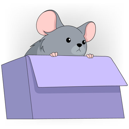 doodle cartoon illustration of animal behavior, cute mouse peeking out from inside a cardboard boxのイラスト素材