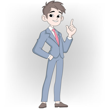 Cartoon illustration doodle about business strategy mindset, businessman boy is showing his index finger to give adviceのイラスト素材