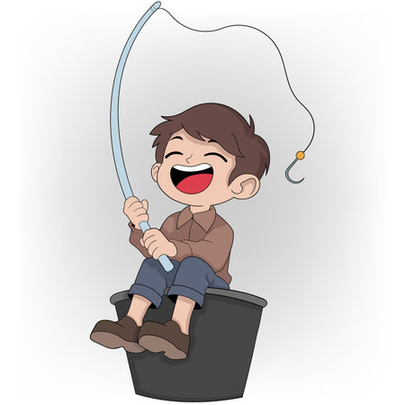 doodle cartoon illustration about being bored at work looking for creative ideas and channeling his hobby, boy is happily fishing and catching fishのイラスト素材