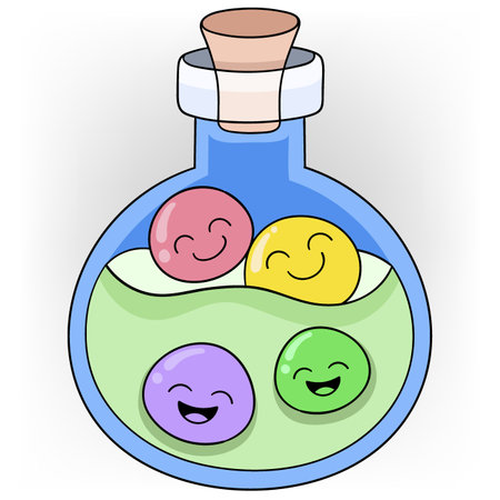illustration of doodle image of health object, drink bottle containing happiness giving energyのイラスト素材