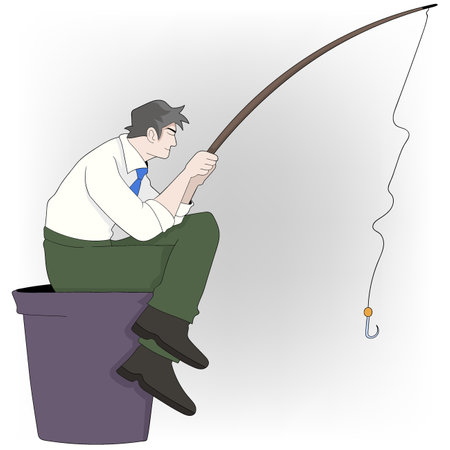 doodle cartoon illustration about bored working looking for creative ideas, business boy is sitting with a bored face doing his hobby of fishing looking for inspirationのイラスト素材