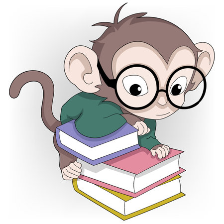 doodle cartoon illustration about education and animals, monkey acting as a school student wearing glasses playing with a pile of booksのイラスト素材