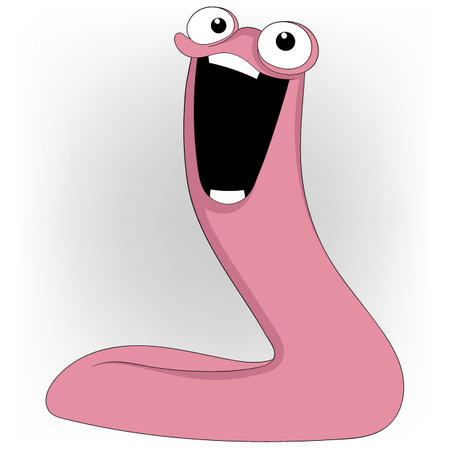 cartoon illustration doodle cute creature with strange shape, pink worm face looking up laughing arrogantlyのイラスト素材
