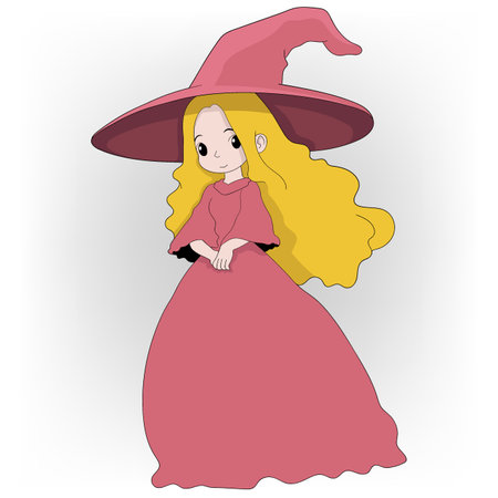 cartoon doodle illustration about halloween festival, beautiful witch in pink dress is smiling friendlyのイラスト素材