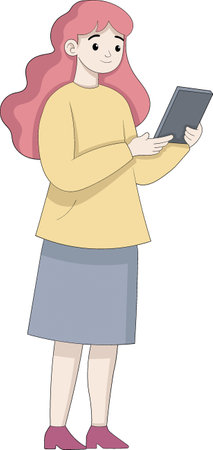 This vector illustration features a young woman with pink hair, standing and using a tablet, likely for business or digital communicationのイラスト素材