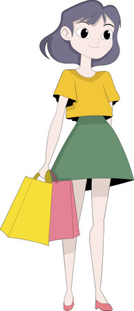 This vector illustration shows a stylish young woman carrying colorful shopping bags, dressed in a yellow top and green skirt, with a cheerful expressionのイラスト素材