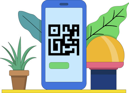 This vector illustration features a smartphone displaying a QR code, surrounded by decorative plants...