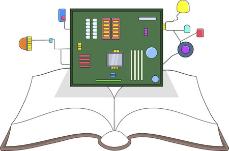 Vector illustration of an open book with a processor board and connected components emerging from the pagesのイラスト素材