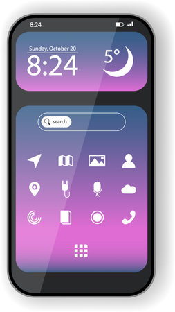 A vector illustration of a smartphone home screen featuring a modern gradient background, showing the time, weather, and various app icons, including navigation, gallery, contacts, and search barのイラスト素材
