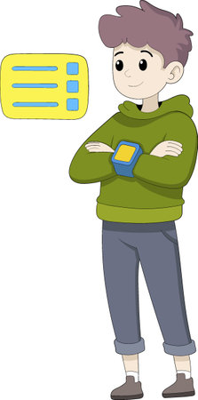 A vector illustration of a young boy with folded arms, wearing a green hoodie and a smartwatch displaying a chat interface iconのイラスト素材