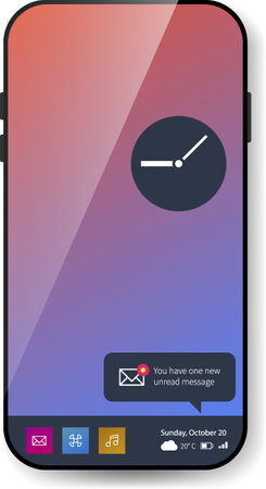 A vector illustration of a mobile user interface featuring a vibrant gradient background and a clock widgetのイラスト素材