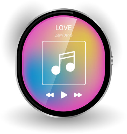 A vibrant and modern smartwatch music player interface featuring a gradient background, song details, and intuitive playback controlsのイラスト素材