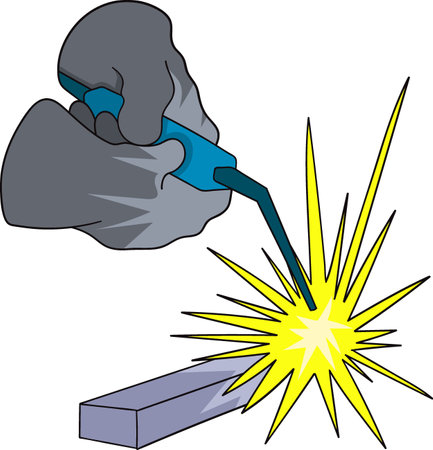 A detailed cartoon illustration of a gloved hand holding a welding tool, emitting bright sparks during the welding processのイラスト素材