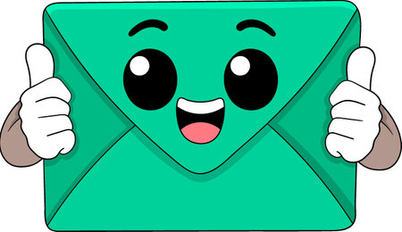 A cheerful green email envelope character with expressive eyes and a big smile, showing thumbs up with white glovesのイラスト素材