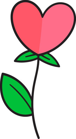 A simple and charming flower illustration with a pink heart shaped bloom, a thin stem, and green leaves for a playful and romantic touch.のイラスト素材