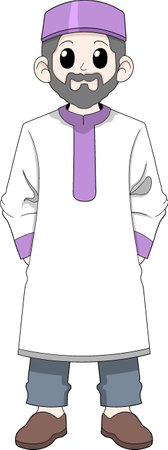 A friendly Muslim man wearing a white thobe with purple accents, a matching cap, and a neatly groomed beard stands with a warm smileのイラスト素材