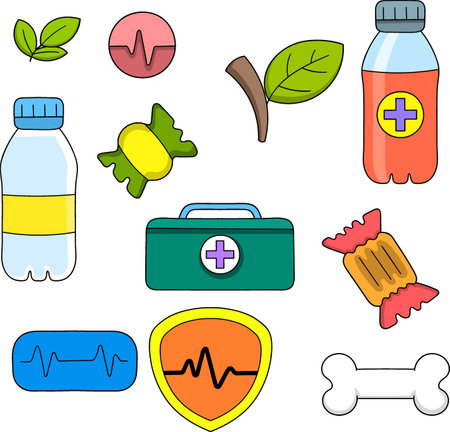 This image features a playful collection of health related icons including water bottles, medical kits, heart rate symbols, leaves, candies, and bones in a flat cartoon styleのイラスト素材