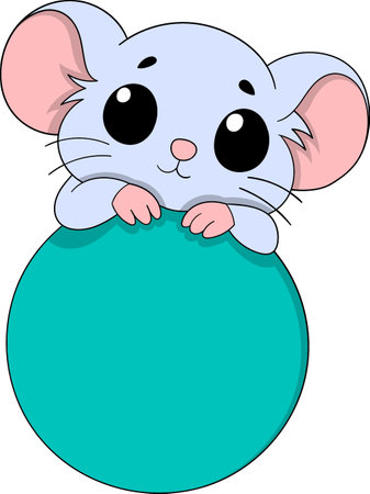 Adorable cartoon mouse character with big eyes holding a round blue ball.のイラスト素材