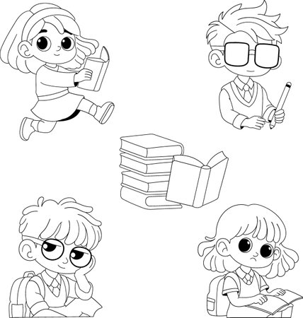 Black and white cartoon illustration featuring school children reading, writing, and studying with books. A perfect vector coloring page for kidsのイラスト素材